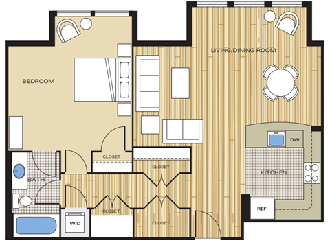 1 Bed1 Bath 805sf Floor Plan at Clayborne Apartments, Virginia